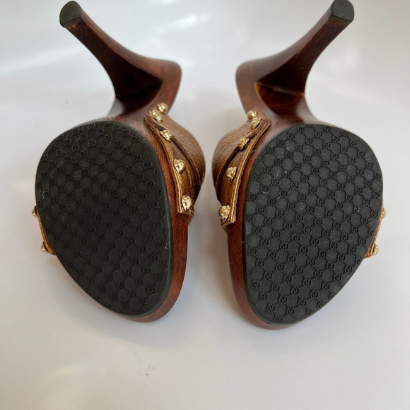 GUCCI HORSEBIT WOODEN PLATFORM SANDALS COPPER LEATHER SZ 36 6. - Picture 12 of 16